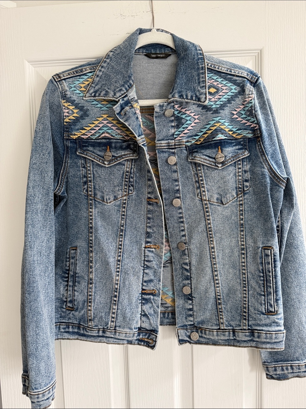 DRIFTWOOD Light Blue Denim Jacket with Pastel Aztec Embroidery